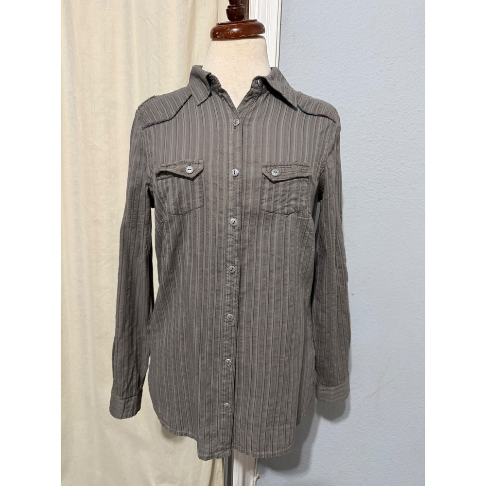 Western Womens Shirt Large Khaki Striped Utility Button Down Military Rodeo